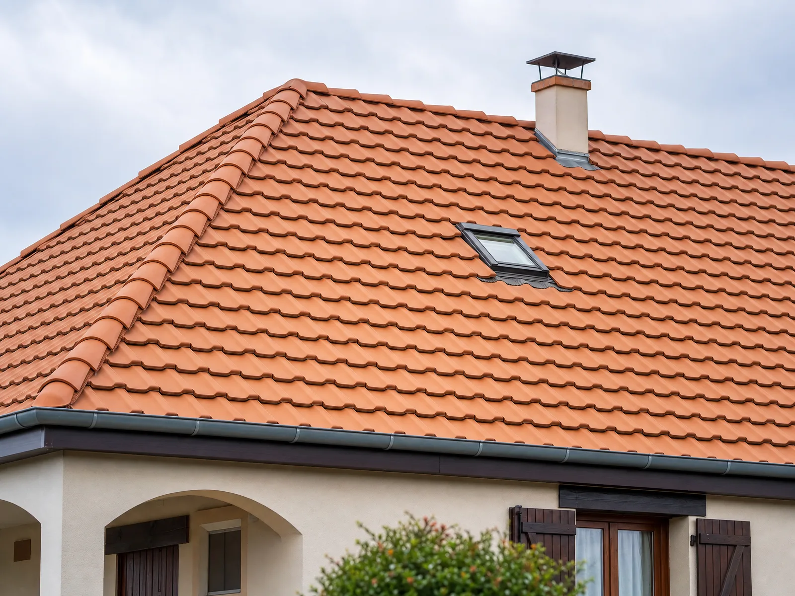 Toiture en tuiles bien entretenue, gouttières propres et tuiles saines sans mousse