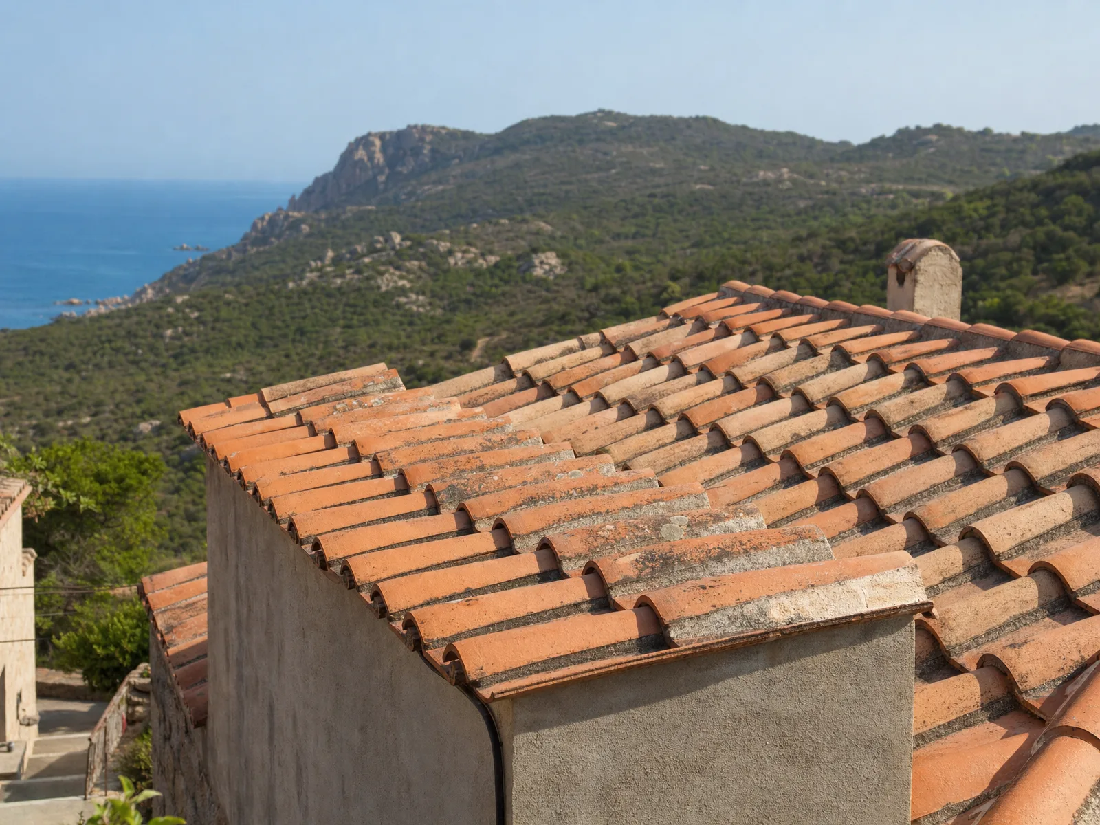 Toiture caractéristique en Corse nécessitant un démoussage