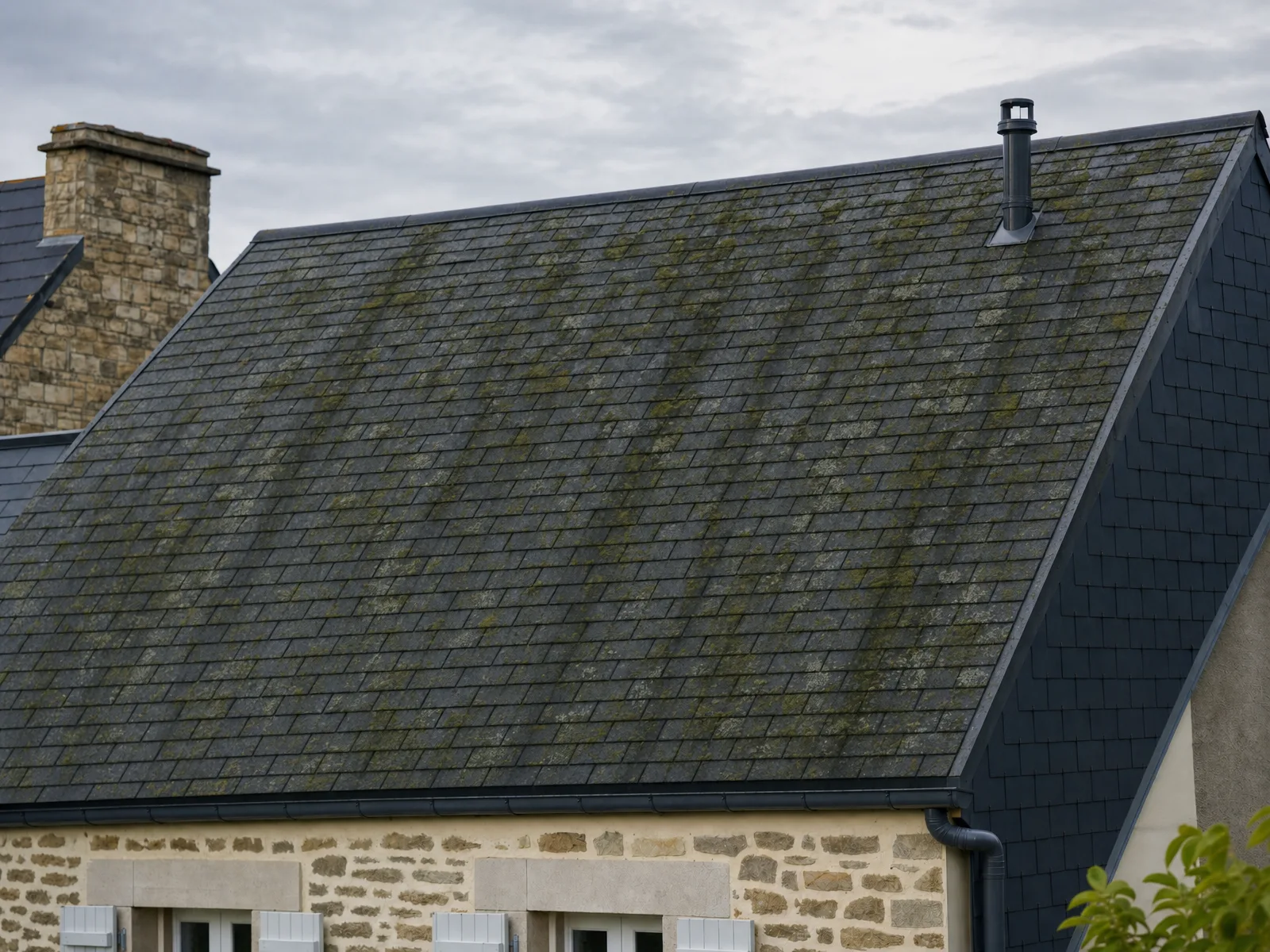 Toiture en ardoise envahie de mousse et de lichens avant traitement