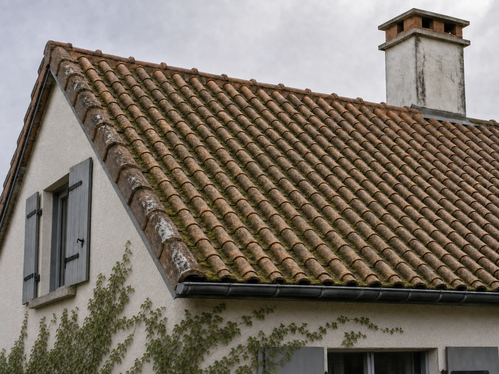 Même toiture en tuile canal où la mousse revient faute d'entretien